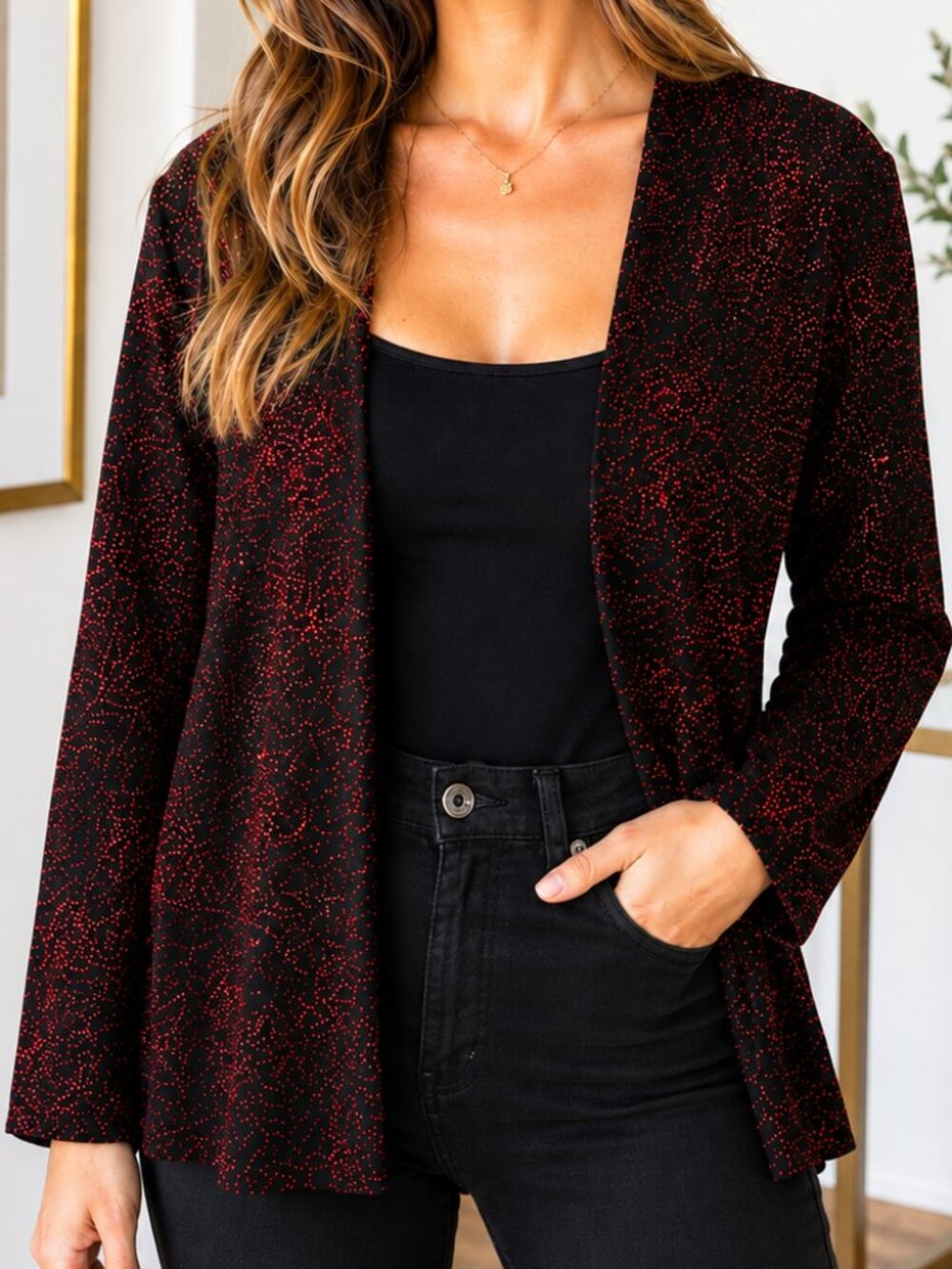Reitmans Black Metallic Red Lightweight Open Front Cardigan Top Size 15